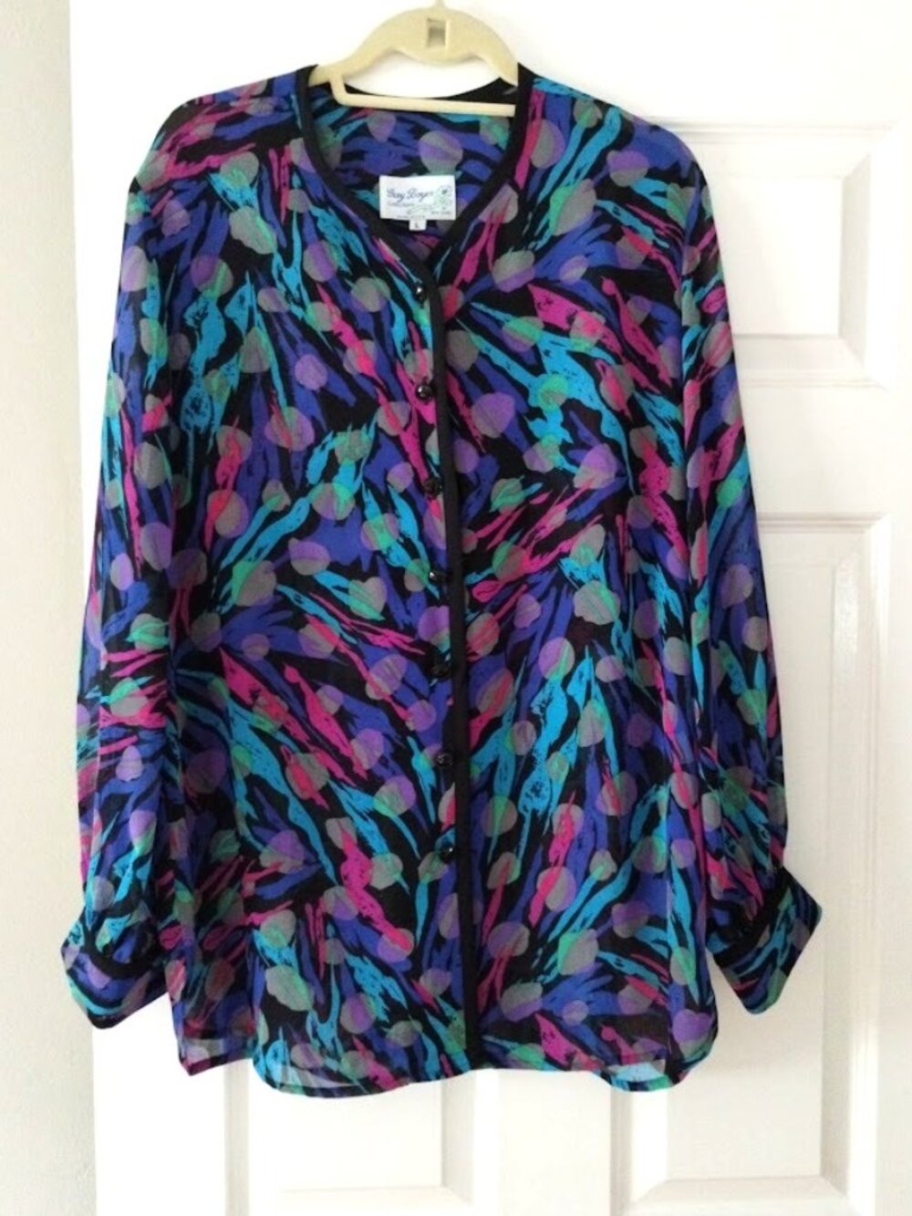 Vtg Gay Boyer Long Blouse Abstract Patterned Sheer& Black Button-Front Trim L